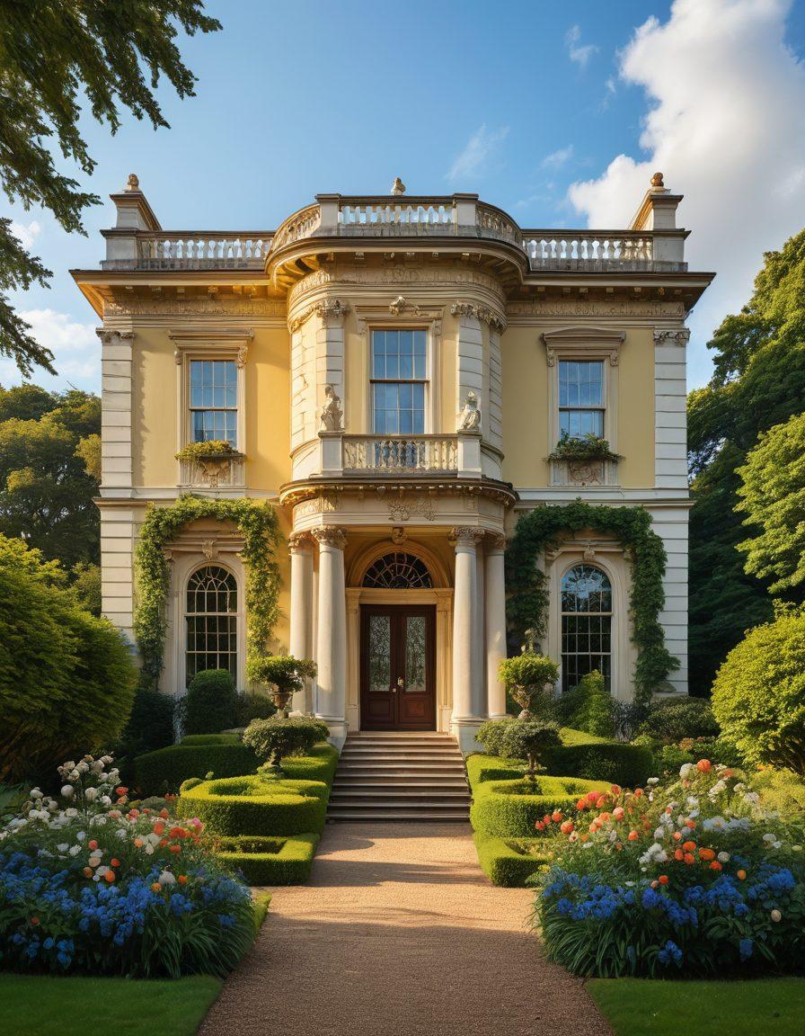 A beautifully detailed illustration of Spencer House, showcasing its intricate architecture and lush gardens. Include a soft golden light illuminating the facade, with historical figures in period attire wandering the grounds, enjoying the timeless charm. The sky is a serene blue, adding to the peaceful atmosphere of preservation and reflection. vintage style. warm tones.