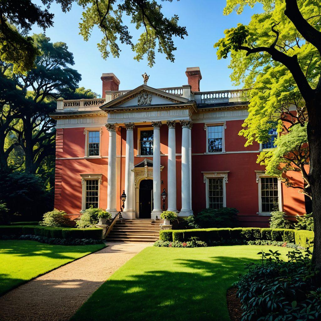 A majestic view of Spencer House with its elegant architecture, surrounded by lush gardens, showcasing the restoration process. Include artisans meticulously working on intricate details, sunlight filtering through trees and highlighting the beauty of the heritage treasure. Envelop the scene in a warm, inviting atmosphere as if capturing the essence of history coming back to life. vintage style. vibrant colors. light brush strokes.