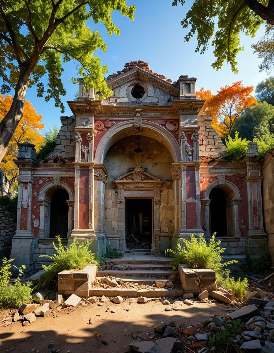 A stunning transformation scene of a cultural landmark, showing half of it in ruins with overgrown vines and crumbled stones, while the other half gleams with restored architectural beauty, showcasing intricate designs and bright colors. Sunlight filters through the trees illuminating the restoration process, embodying hope and revival. Include workers carefully restoring details, with tools and materials scattered around. super-realistic. vibrant colors. soft-focus background.